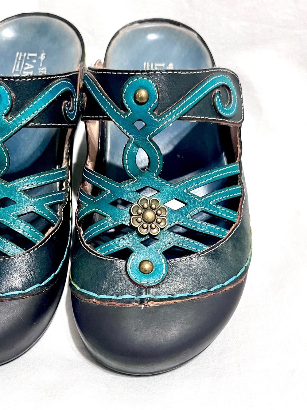 L'Artiste by Spring Step Flochino Teal Turquoise Leather Floral Clogs Mules 37 - Picture 3 of 6